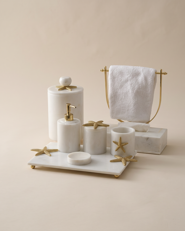 White Marble Bathroom Set with Towel Holder & Gold Accents (Set of 5)