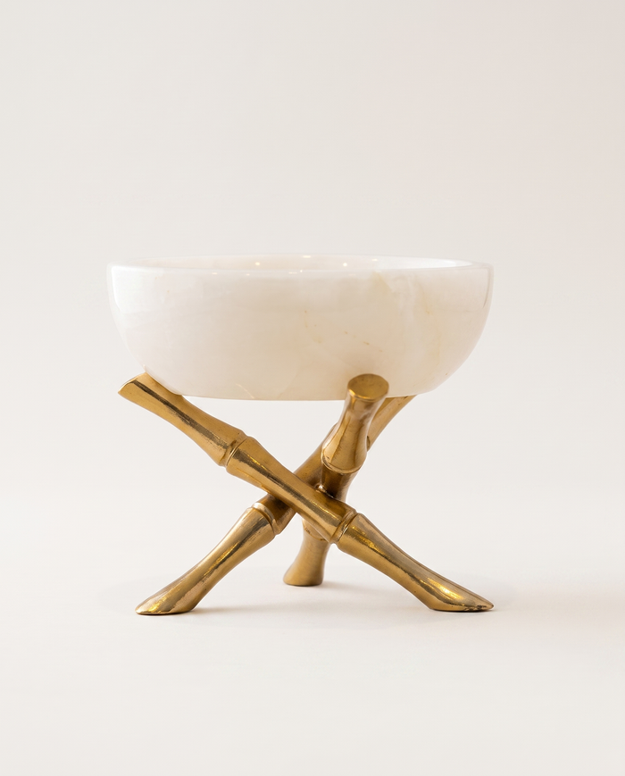 Bamboo‑Leg White Marble Serving Bowl – White Marble with Bronze Bamboo‑Style Brass Base
