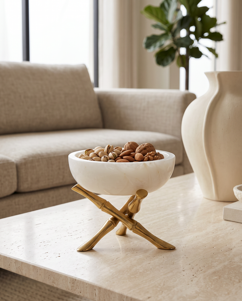 Bamboo‑Leg White Marble Serving Bowl – White Marble with Bronze Bamboo‑Style Brass Base