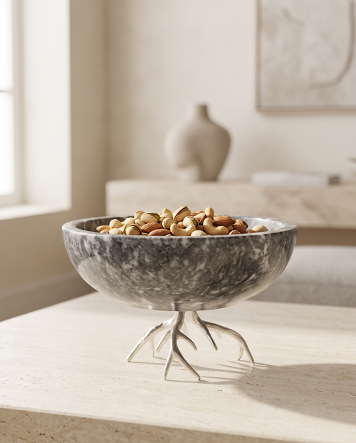 Bowl on Brass Horn Base — Grey Silver