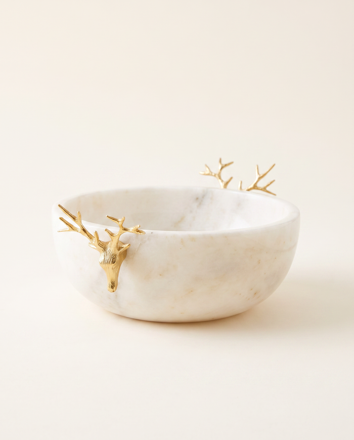 Marble Bowl with Two Brass Deer