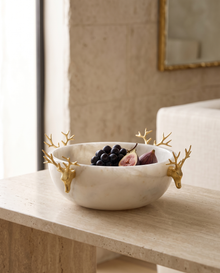 Marble Bowl with Two Brass Deer
