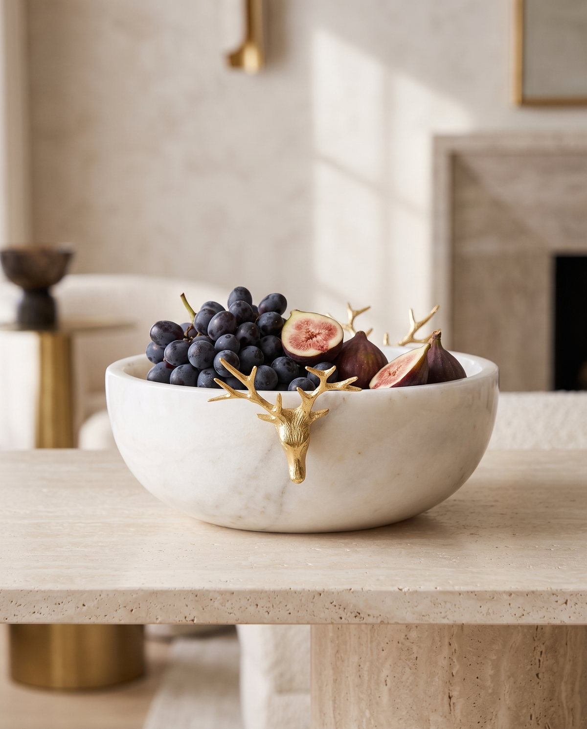 Marble Bowl with Two Brass Deer