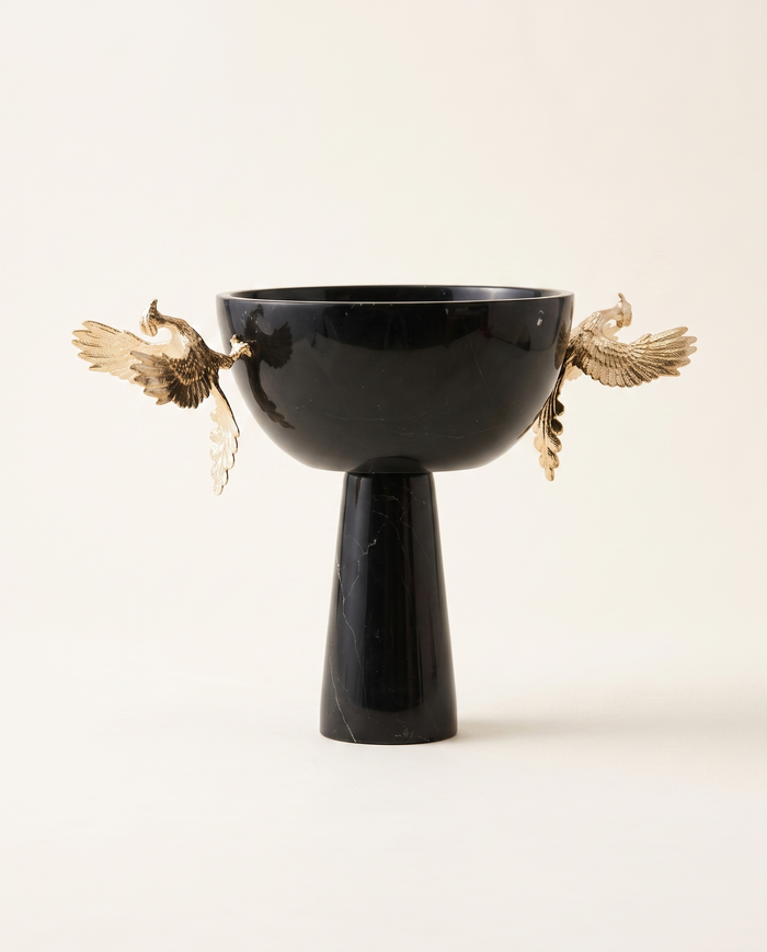 Black Marble Pedestal Bowl with Twin Phoenix Handles