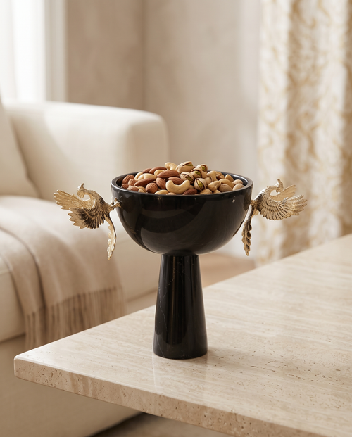 Black Marble Pedestal Bowl with Twin Phoenix Handles