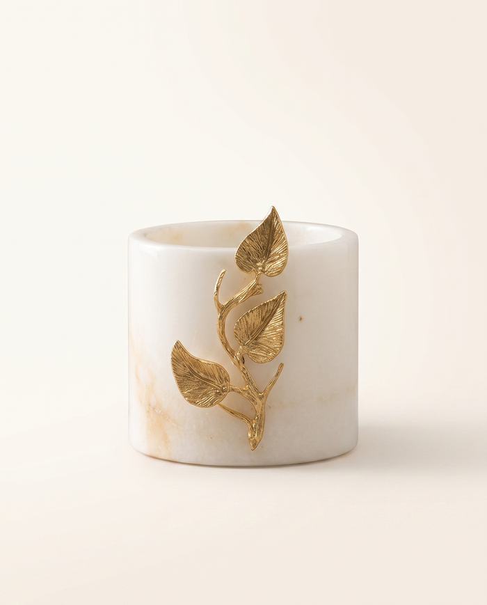 Leaf Detail Succulent Pot in White Marble & Brass