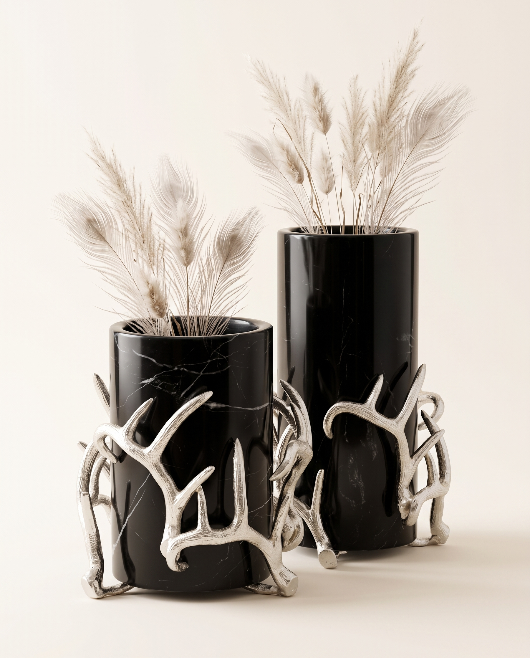 Black Marble Vase Set of 2 with Silver Antler Accents