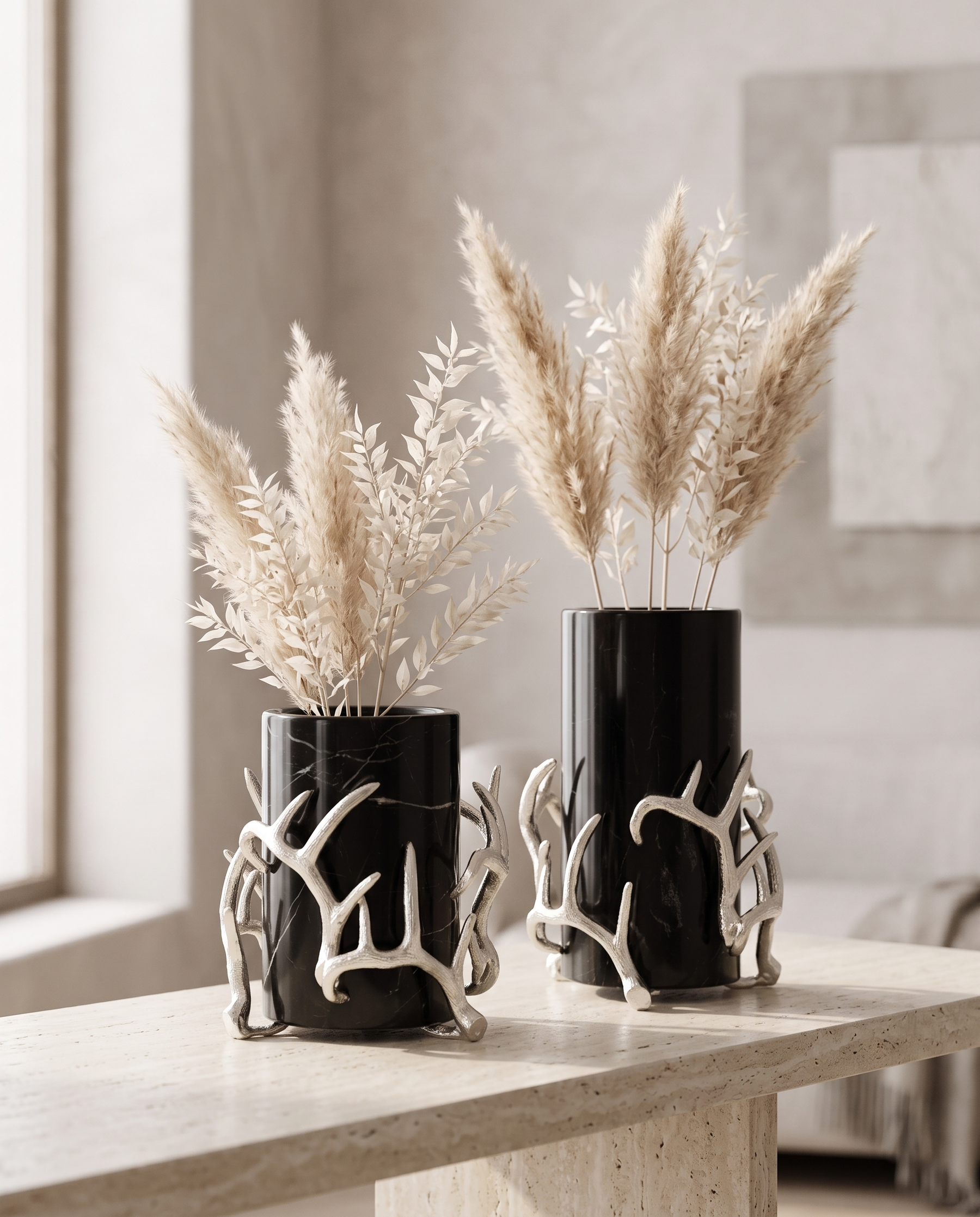 Black Marble Vase Set of 2 with Silver Antler Accents