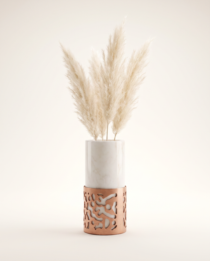 Abstract Cutout Vase in White Marble & Copper Finish