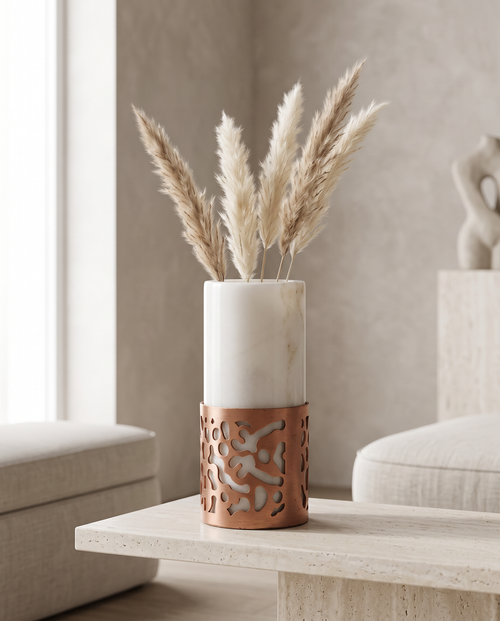 Abstract Cutout Vase in White Marble & Copper Finish
