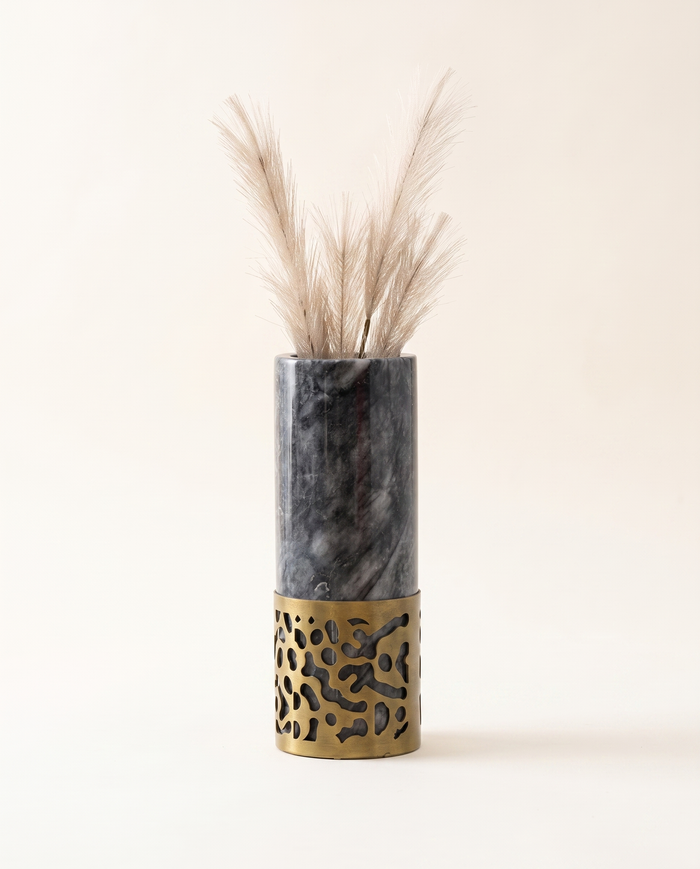 Abstract Cutout Vase in Grey Marble & Antique Brass