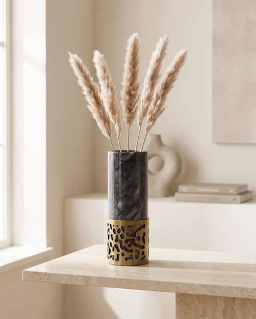 Abstract Cutout Vase in Grey Marble & Antique Brass