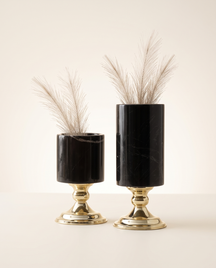 Pedestal Base Black Marble Vase Set of 2 with Gold Base