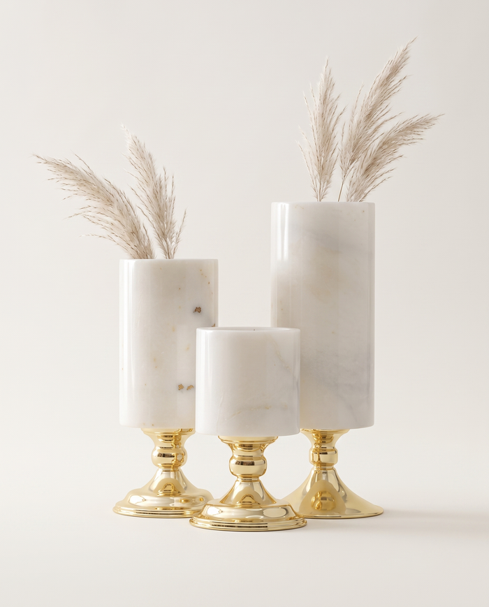 Pedestal Marble Vase Set of 3– White Marble & Gold Base Decorative Vases