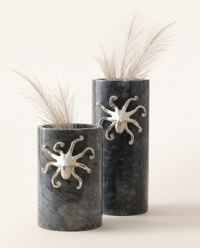 Textured Marble Vase with Sculptural Detail  Set of 2– Grey Marble Decorative Vase