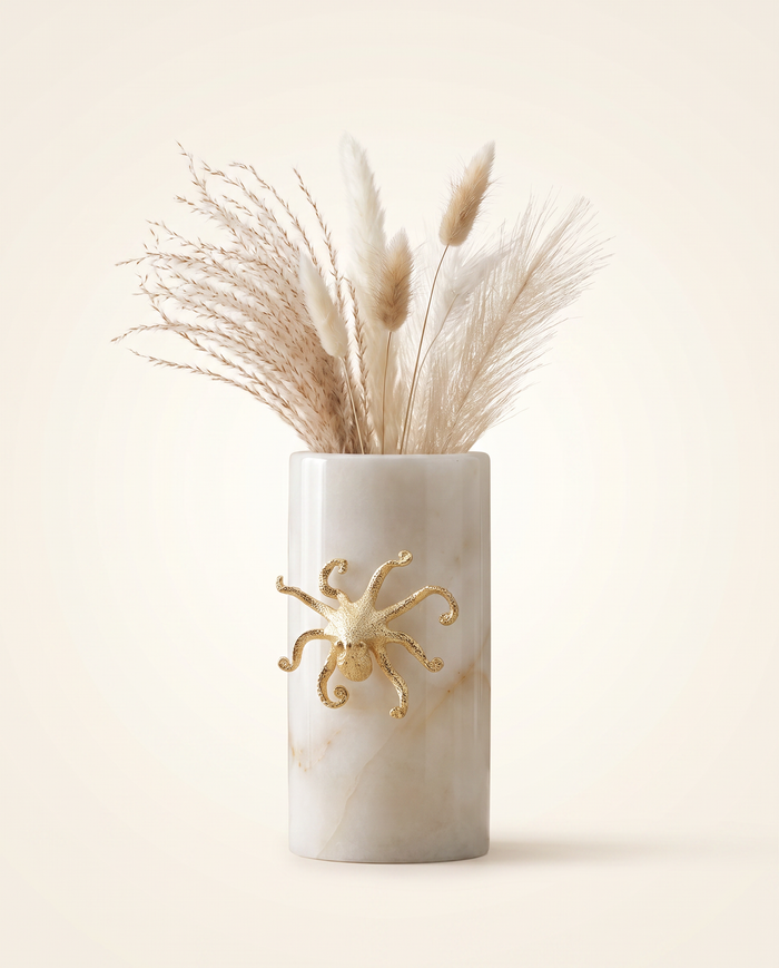 Octopus Vase in White Marble & Aged Brass – Sculptural Decorative Vase