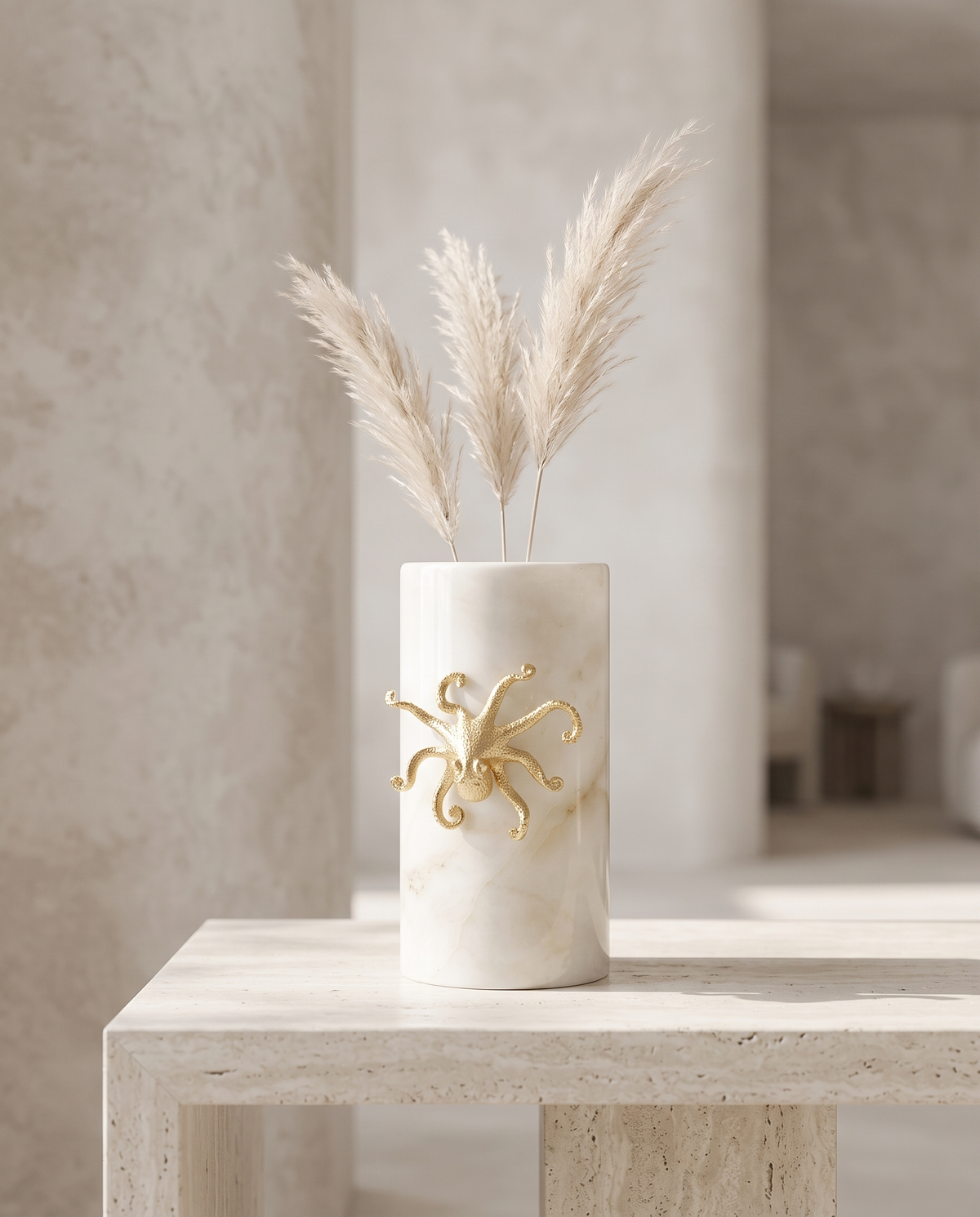 Octopus Vase in White Marble & Aged Brass – Sculptural Decorative Vase