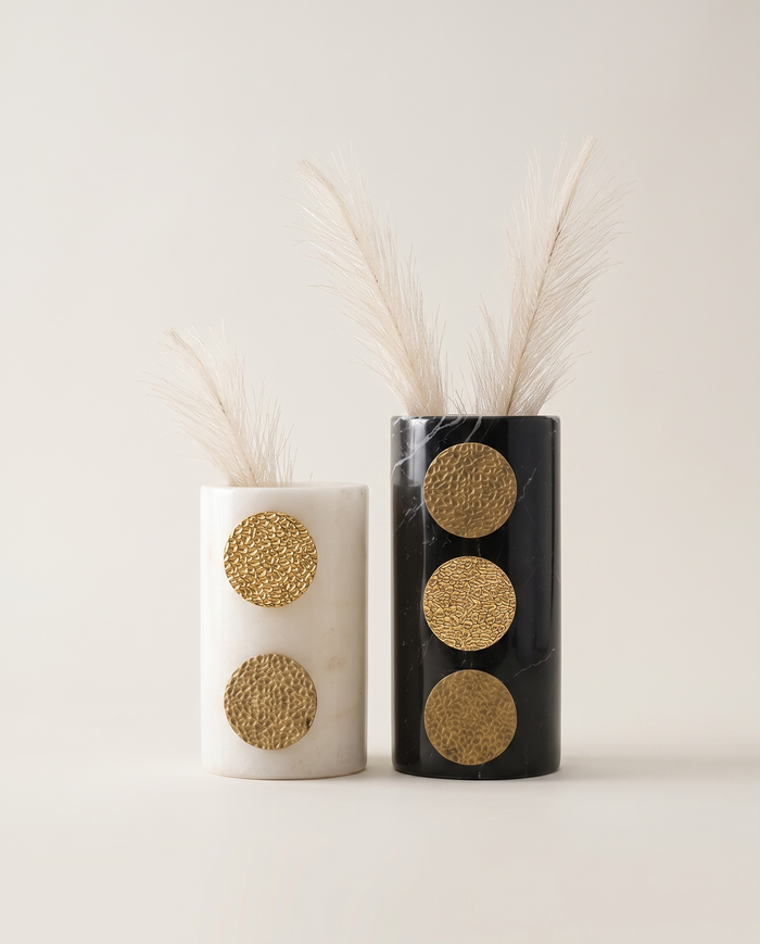 Multi Button Marble Vase Set of 2– Black & White Marble with Brass Details