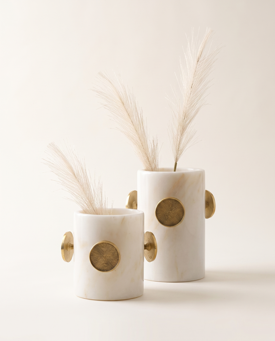 Button Detail White Marble Decorative Vase - Set of 2