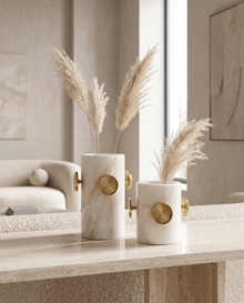 Button Detail White Marble Decorative Vase - Set of 2