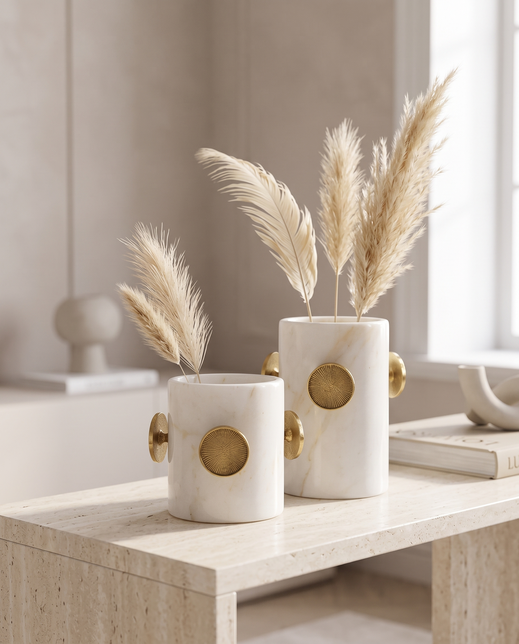 Button Detail White Marble Decorative Vase - Set of 2