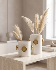 Button Detail White Marble Decorative Vase - Set of 2