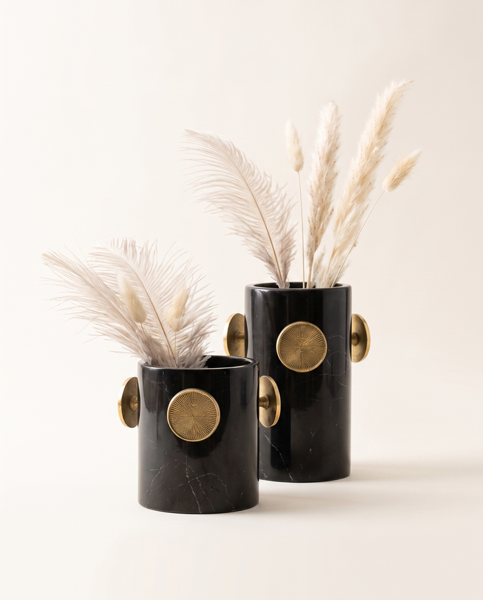 Button Detail Black Marble Decorative Vase - Set of 2