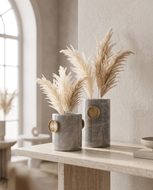 Button Detail White Marble Decorative Vase - Set of 2