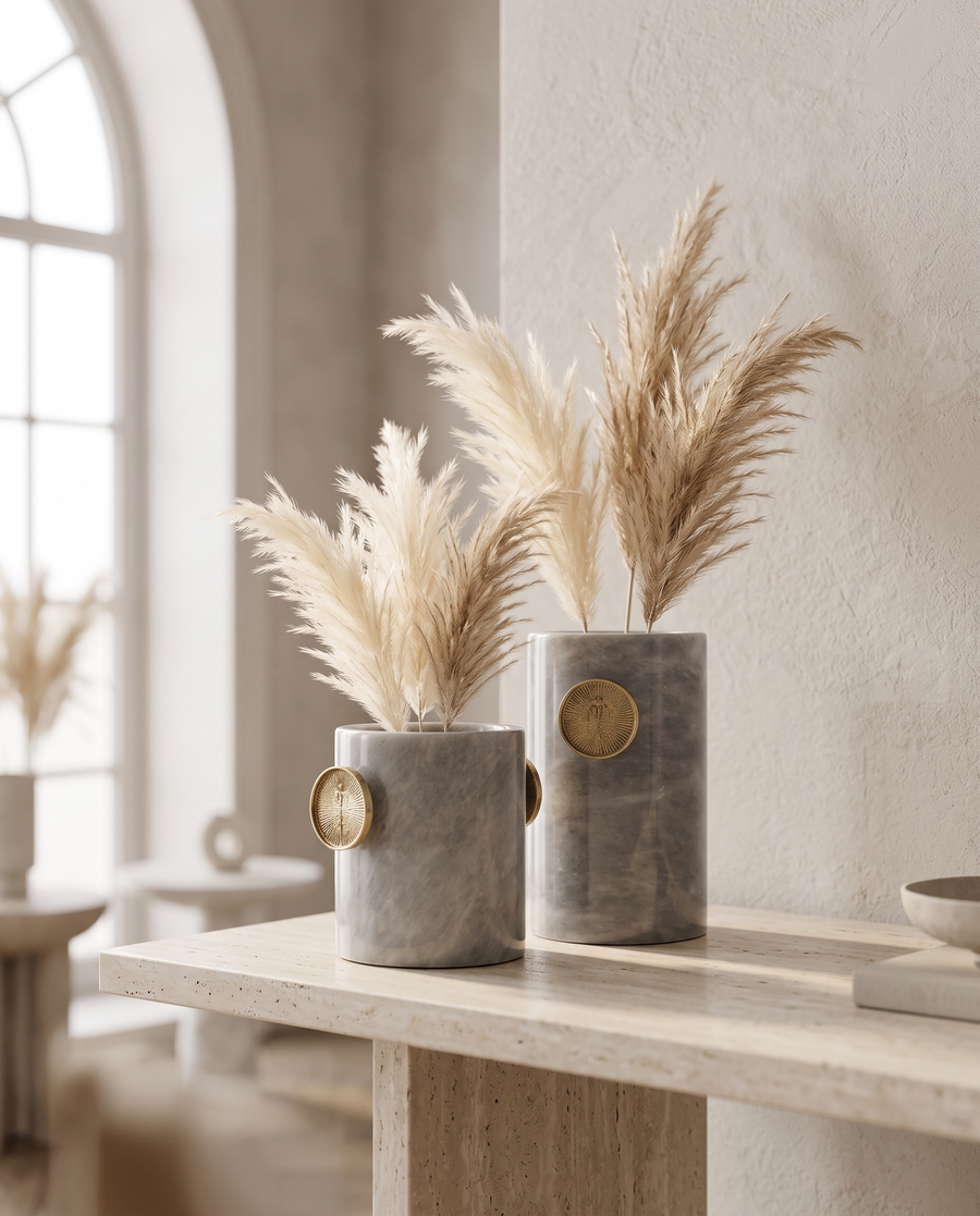 Button Detail White Marble Decorative Vase - Set of 2