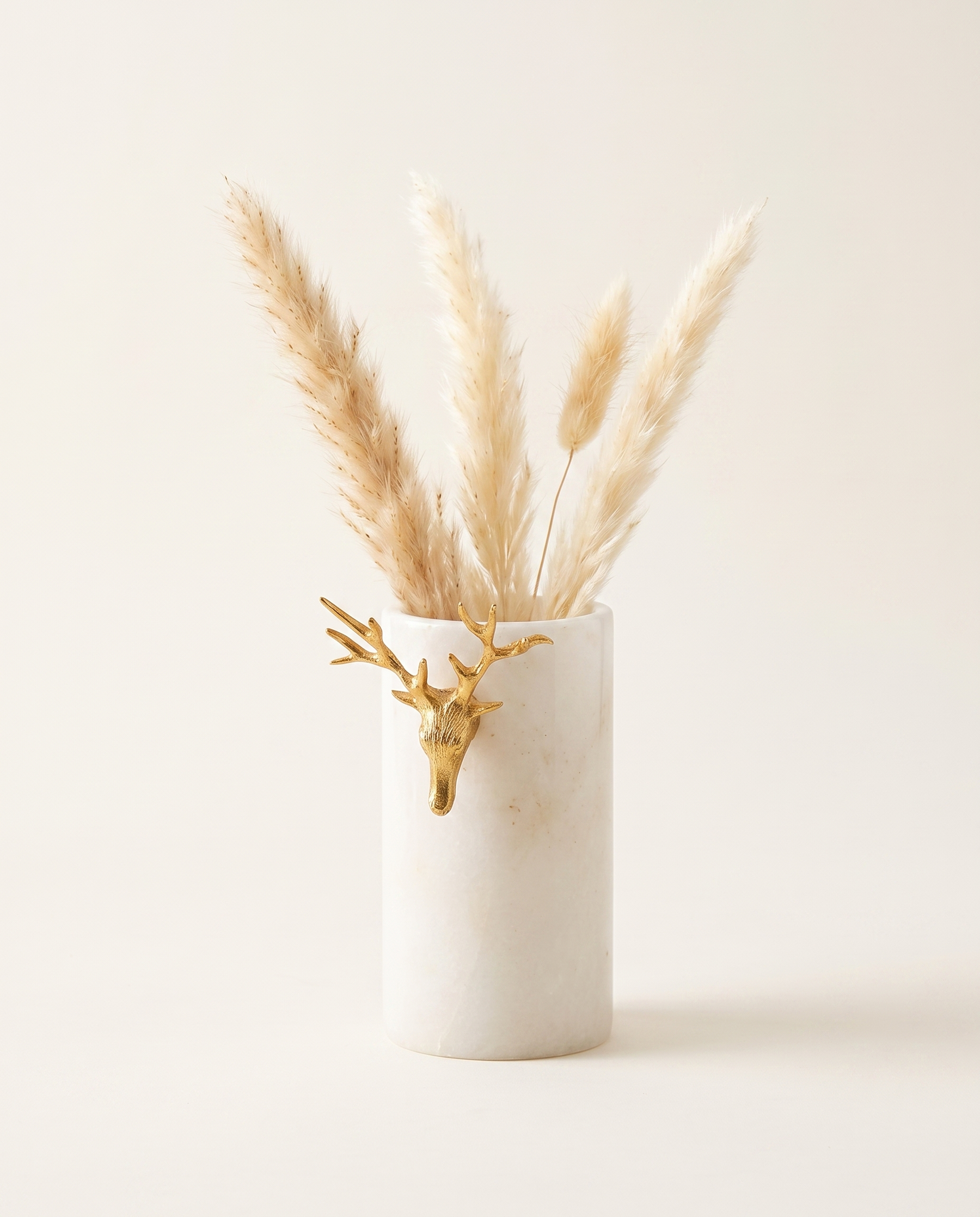 Stag Head Vase in White Marble & Aged Brass – Sculptural Decorative Vase