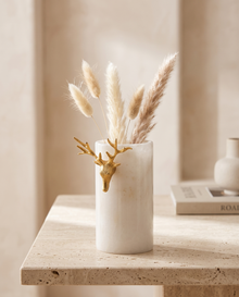 Stag Head Vase in White Marble & Aged Brass – Sculptural Decorative Vase
