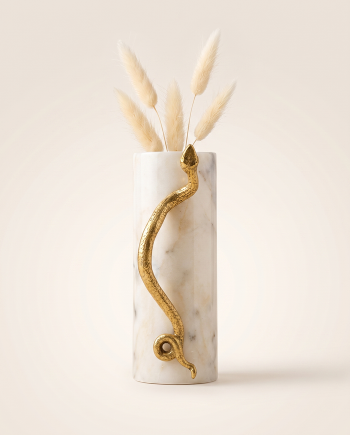 Serpent Vase – White Marble with Aged Brass Sculptural Detail
