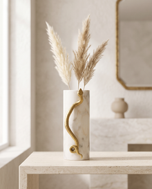 Serpent Vase – White Marble with Aged Brass Sculptural Detail