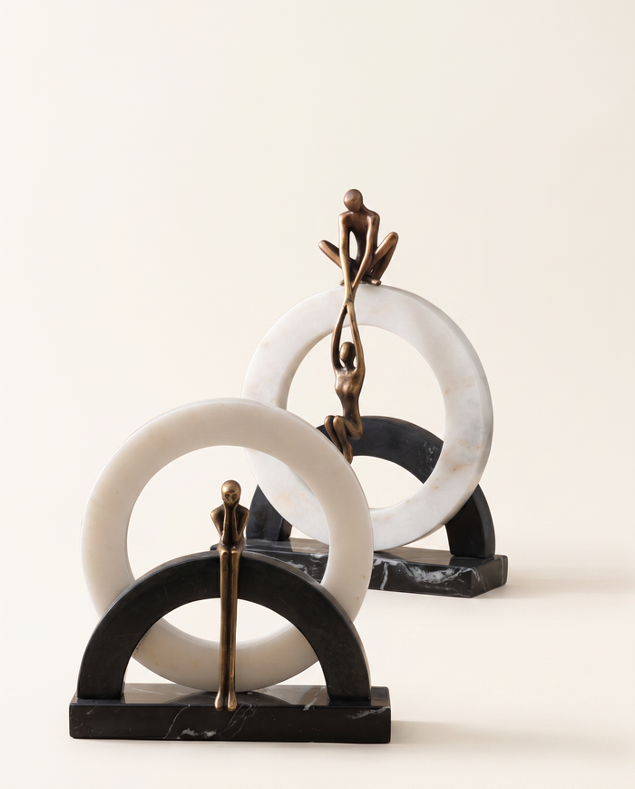 Marble & Bronze Circle Sculpture – Contemplative Figurine Decor