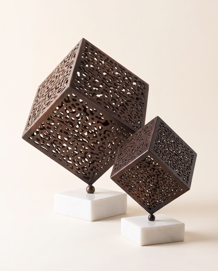 Copper Geometric Cube Sculpture