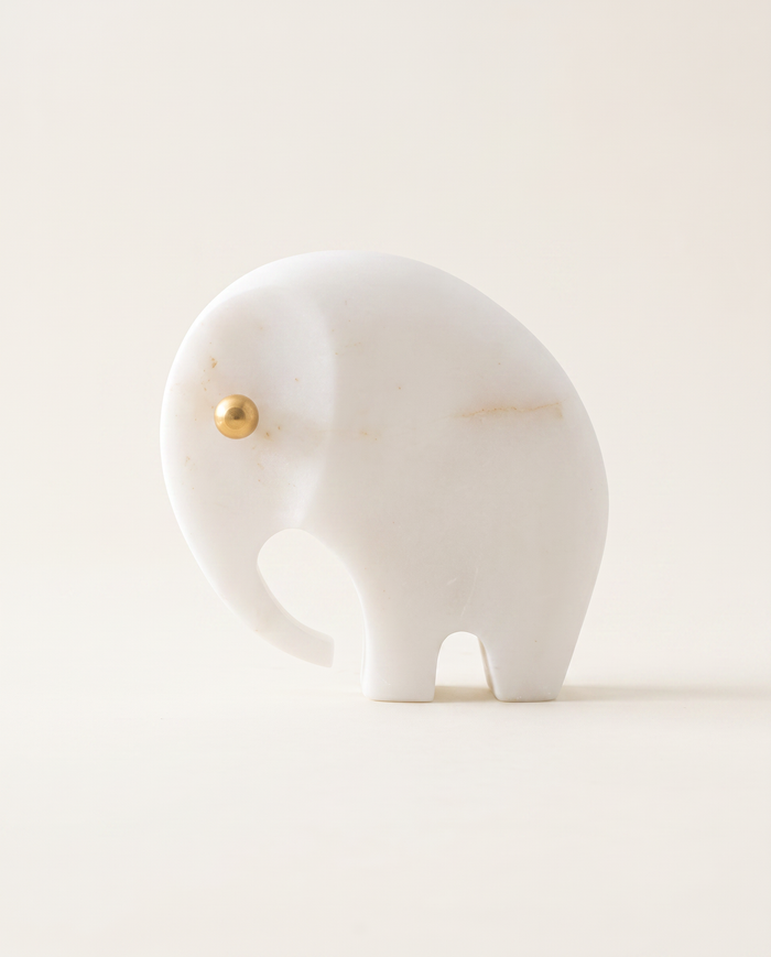 White Marble Elephant Sculpture with Brass Detail