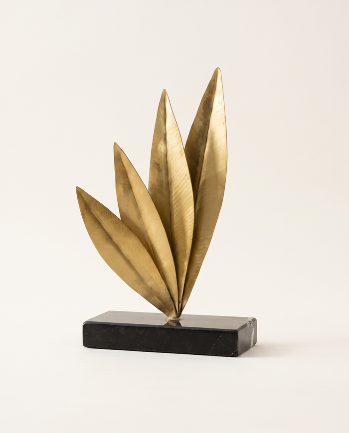 Gold Leaf Cluster Sculpture on Black Marble Base