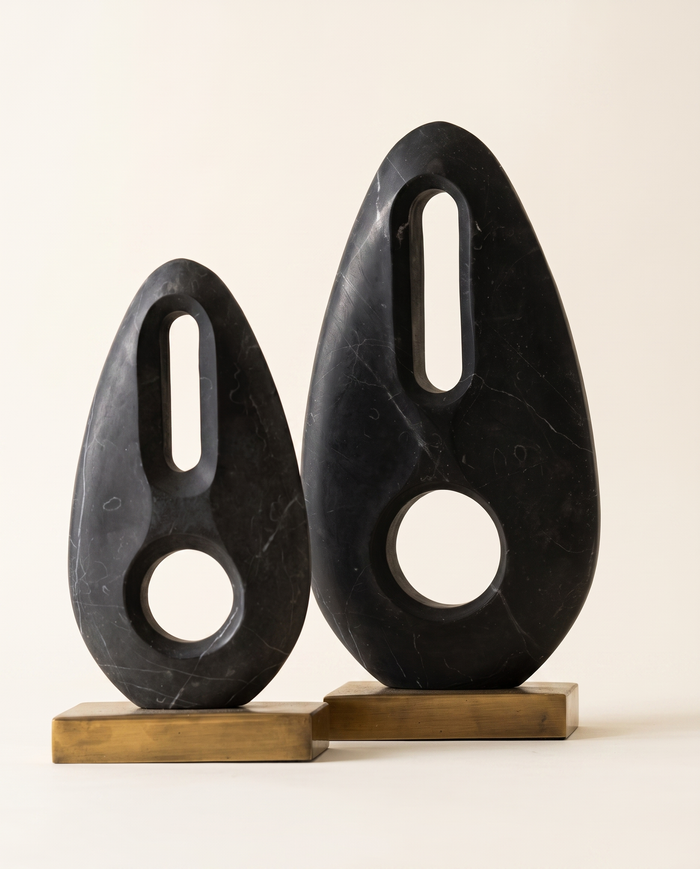 Black Marble Abstract Sculpture on Brass Base