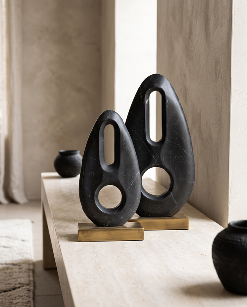 Black Marble Abstract Sculpture on Brass Base