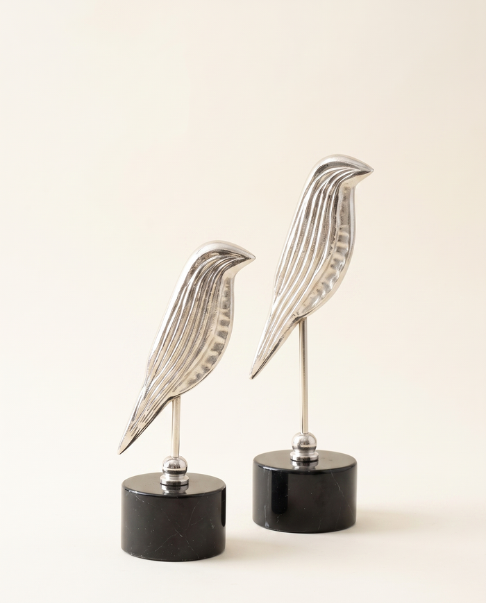 Silver Bird Sculptures on Black Marble Base
