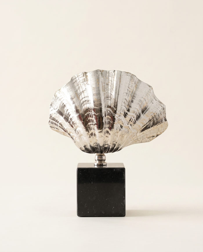 Silver Oyster Shell Sculpture With Black Marble Base