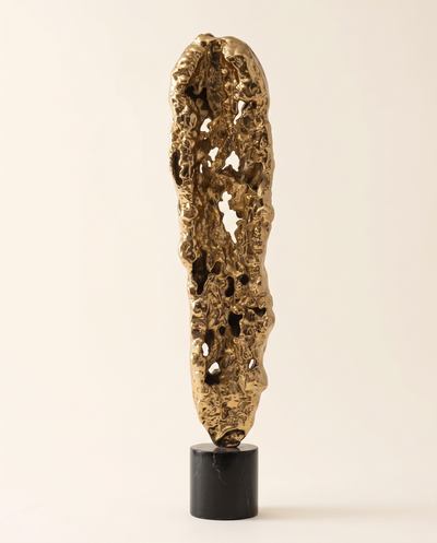 Abstract Gold Textured Sculpture on Black Marble Base