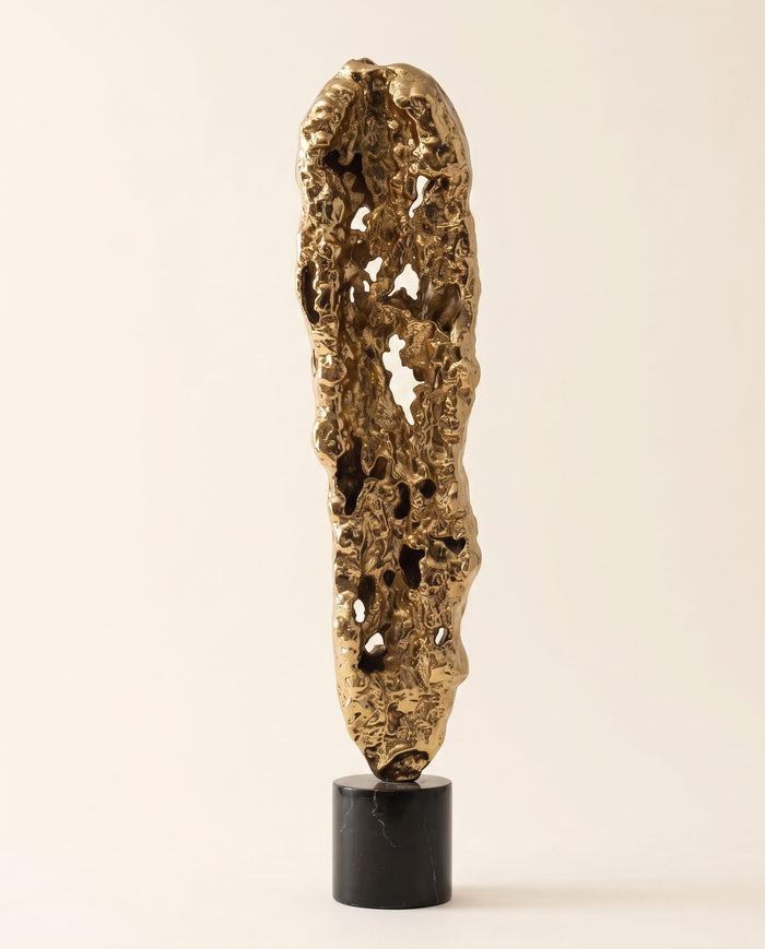 Abstract Gold Textured Sculpture on Black Marble Base
