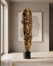Abstract Gold Textured Sculpture on Black Marble Base