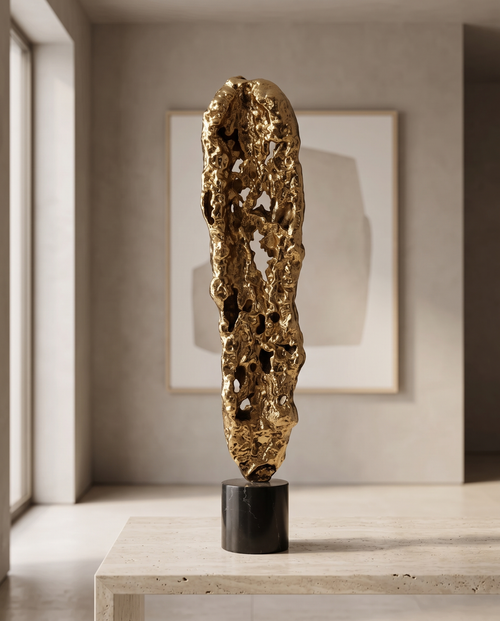 Abstract Gold Textured Sculpture on Black Marble Base