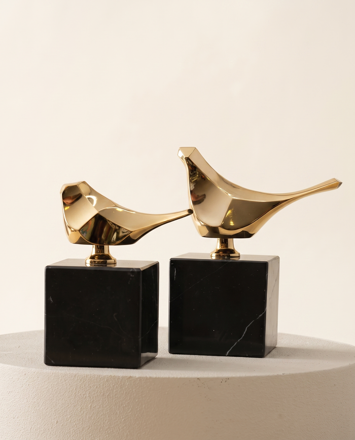 Golden Bird Sculptures on Black Marble Base – Set of 2