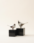 Silver Bird Sculptures on Black Marble Base – Set of 2
