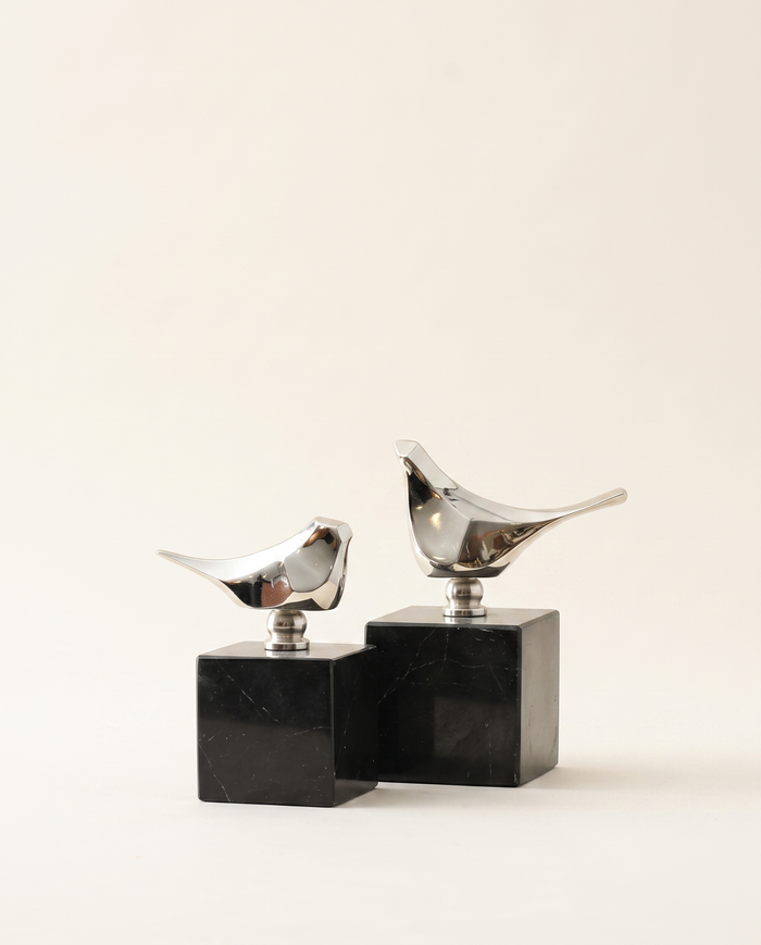 Silver Bird Sculptures on Black Marble Base – Set of 2