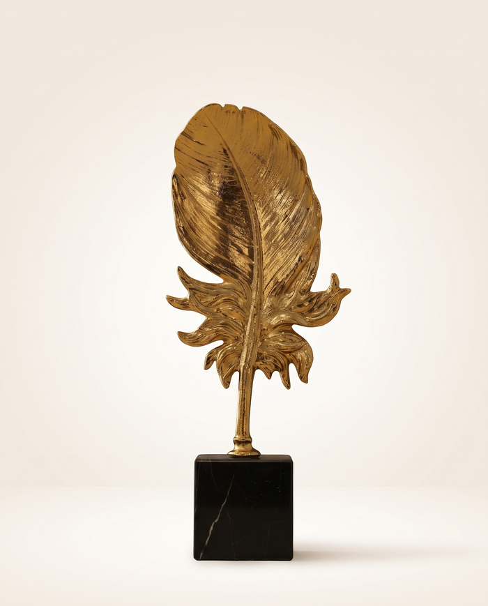 Golden Feather Sculpture on Black Marble Base
