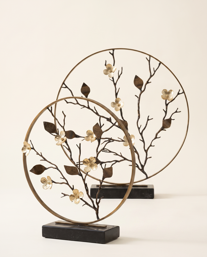 Golden Blossom Branch Sculpture in Circular Frame
